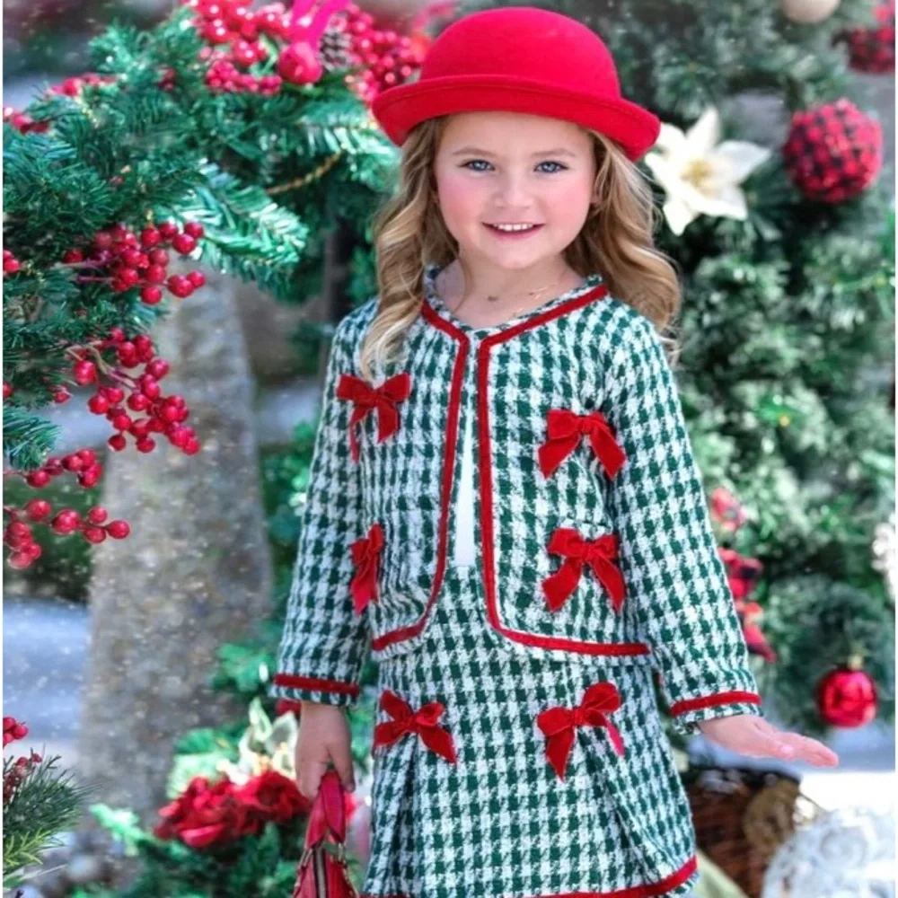 Christmas Matching Outfit Blazer & Pleated Skirt Set With Bows